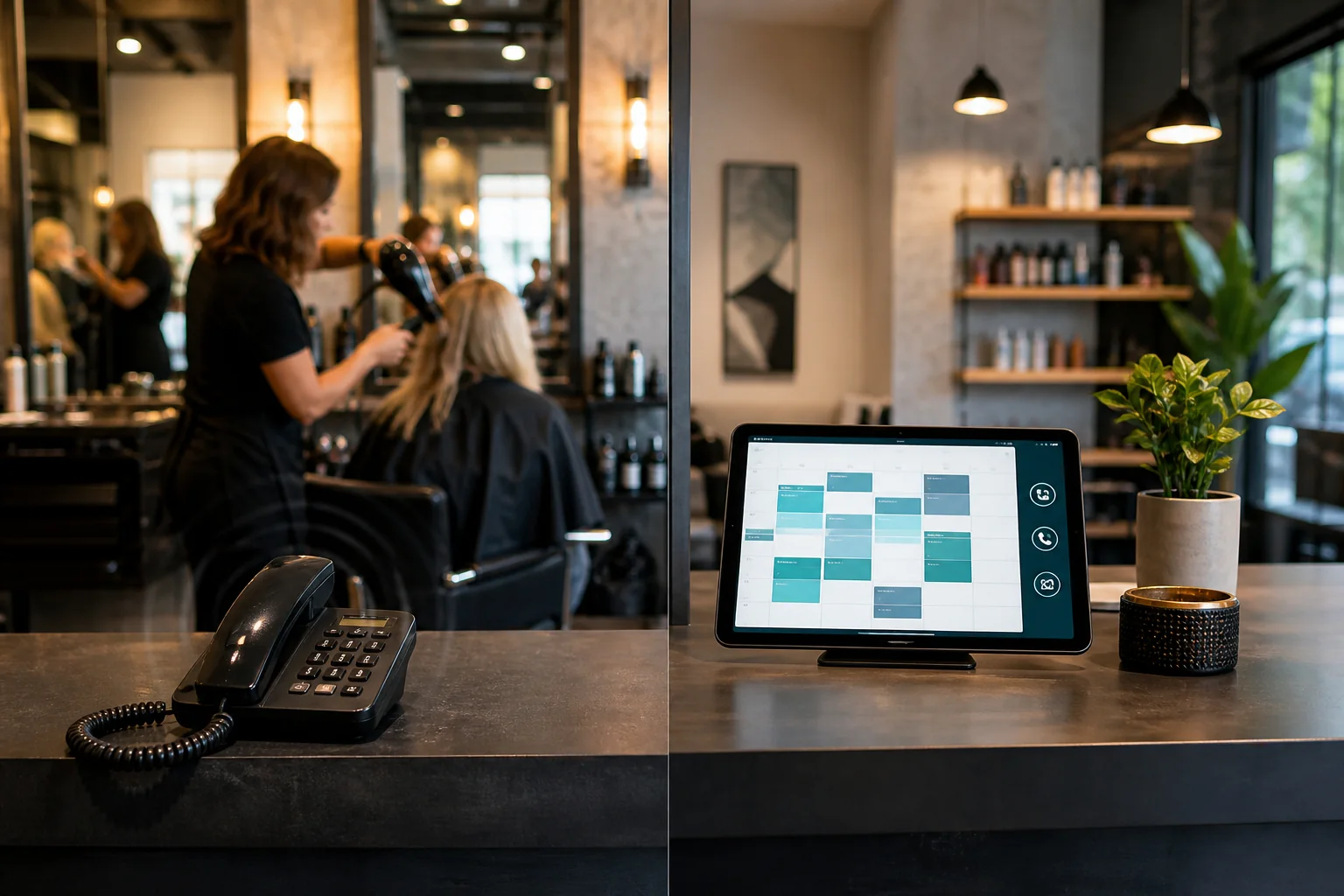 Friseurin bei der Arbeit, im Vordergrund der digitale Terminkalender